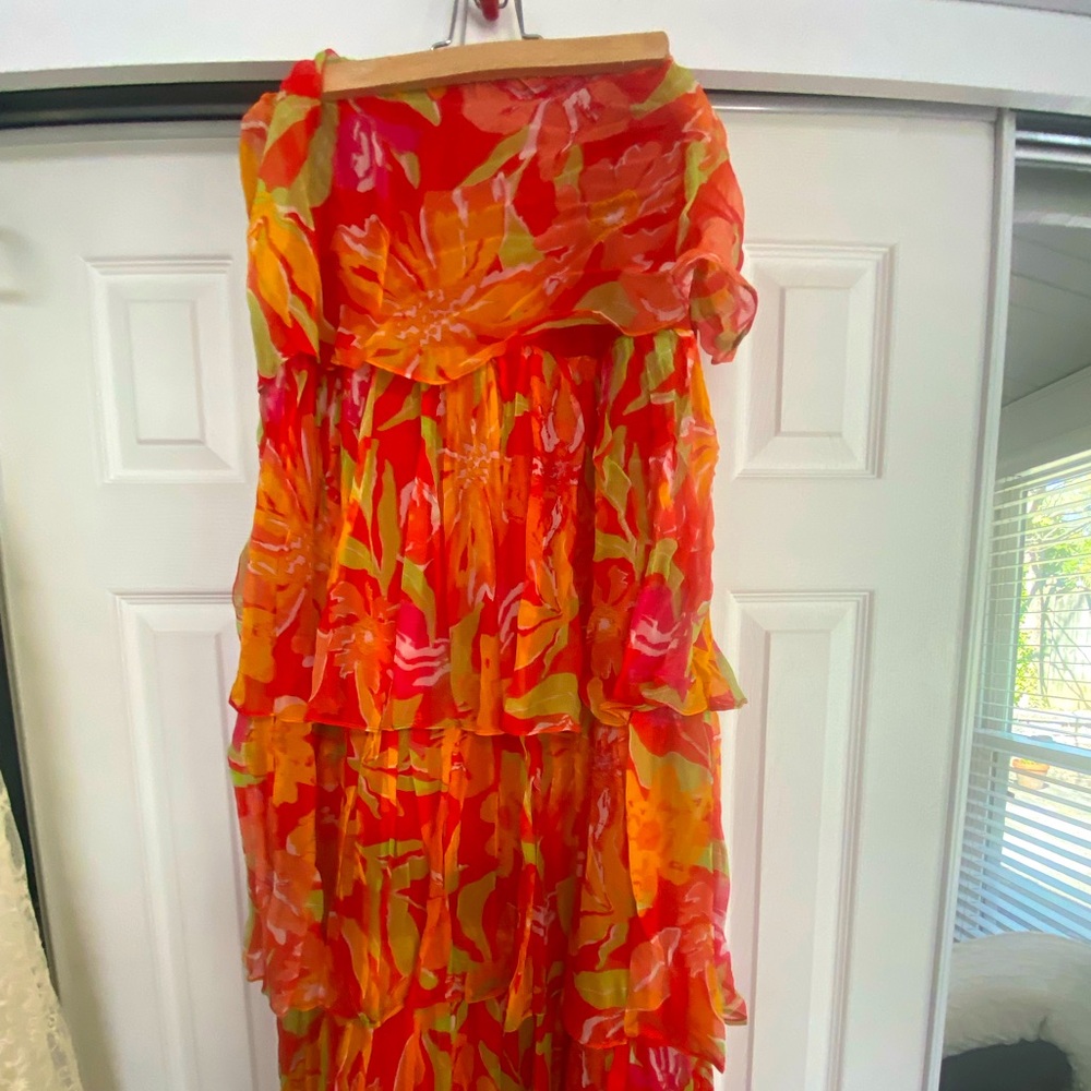 Anthropologie Floral Midi Dress - Red and Orange, strapless